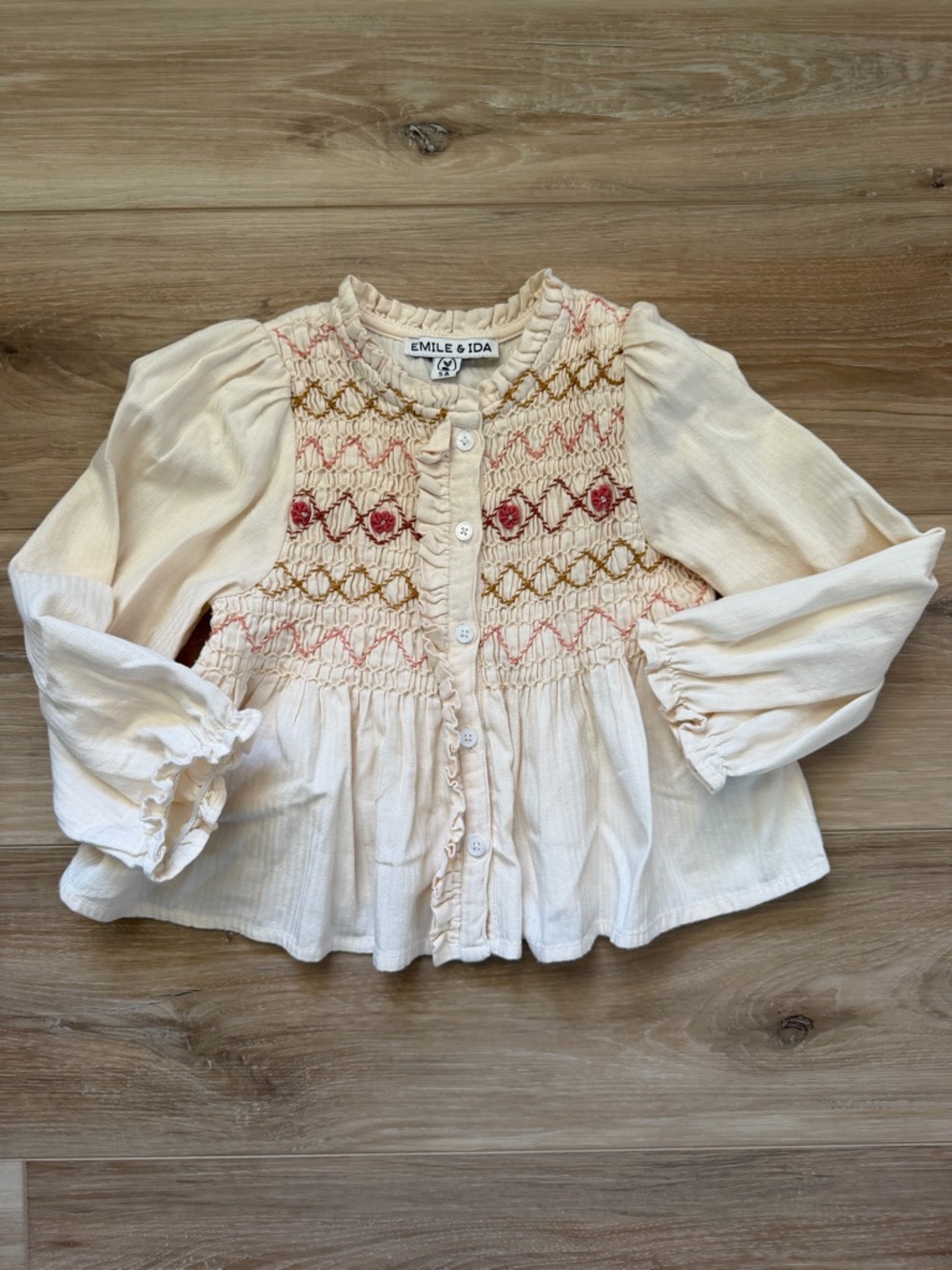 Emile et Ida Cream Smocked Peplum Blouse with Pink & Rust Embroidery